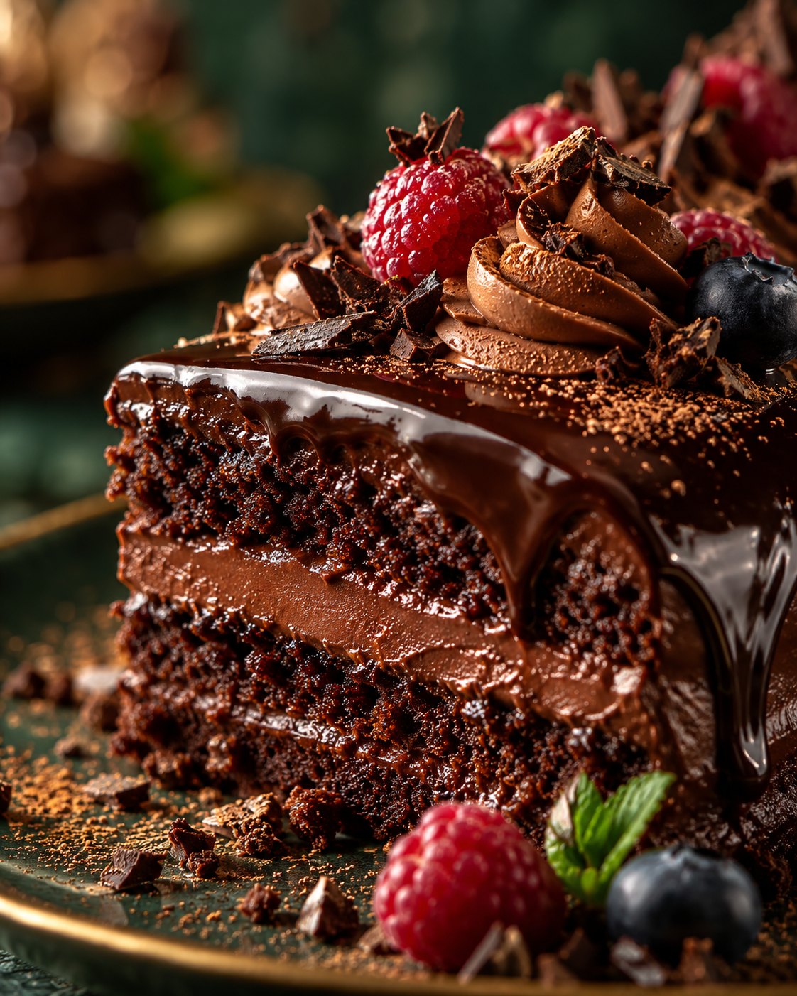 Torta de chocolate con frambuesas sobre fondo verde profundo, imagen conceptual